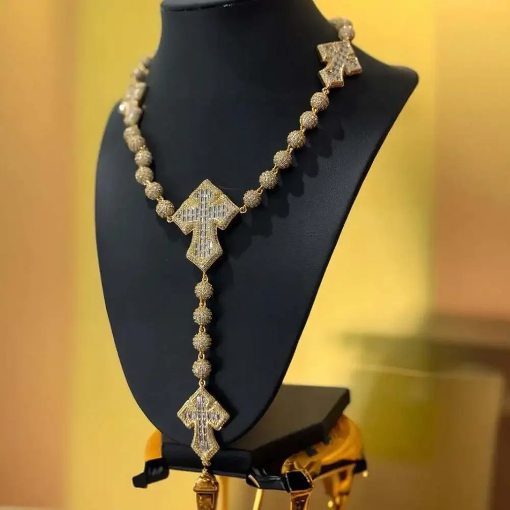 Gold Iced Cross Rosary Necklace 7970